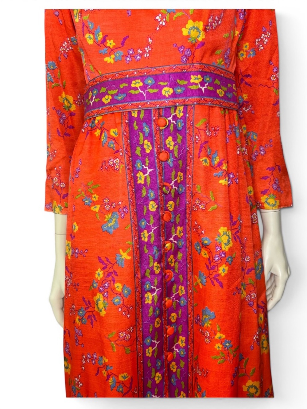1970s‎ Floral Bohemian Asian Motif Maxi Dress with Contrast Panel & Waist Detail - Picture 6 of 7